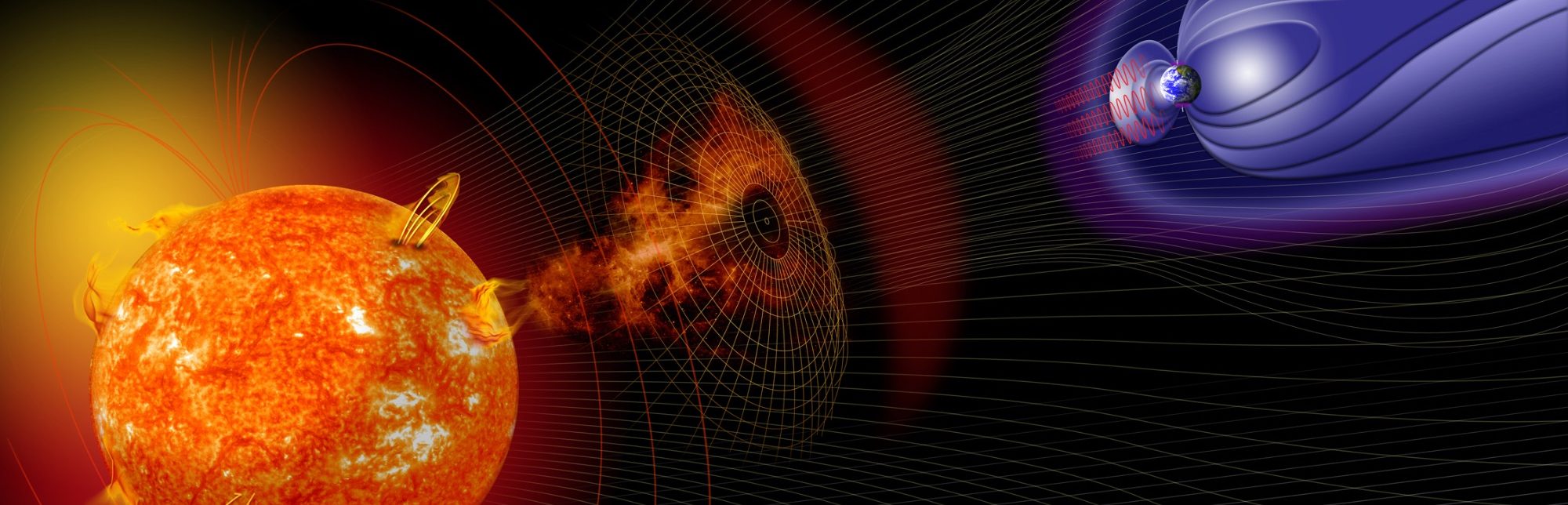 Artist’s illustration of events on the Sun changing the conditions in near-Earth space. Credit: NASA. Artist’s illustration of events on the Sun changing the conditions in near-Earth space. Credit: NASA.